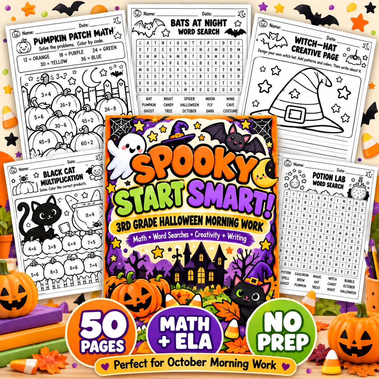 3rd grade Halloween morning work | Math, word search, and writing | 50 no-prep worksheets