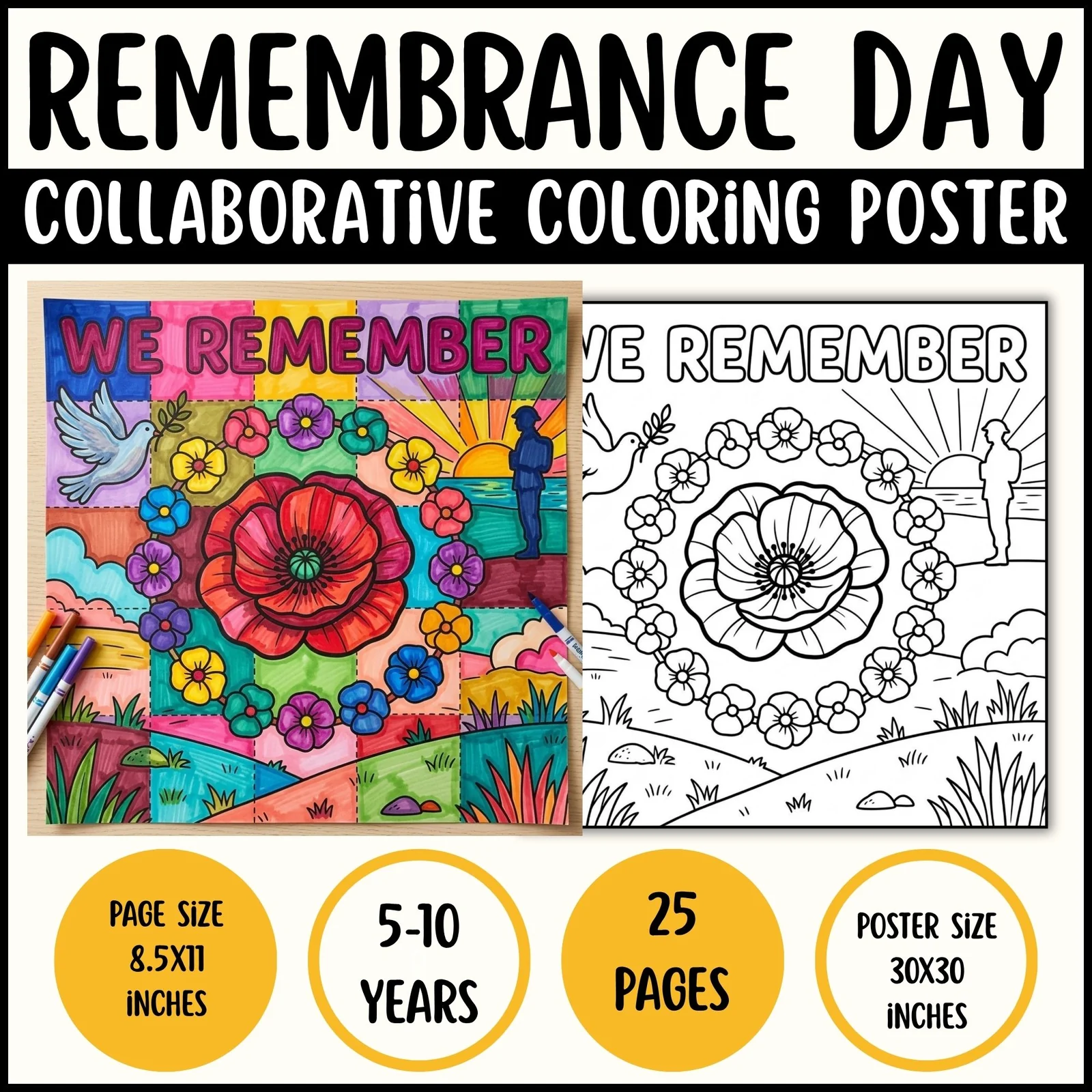Remembrance Day Collaborative Coloring Poster | Poppy Art Craft Bulletin Board Activity | We Remember