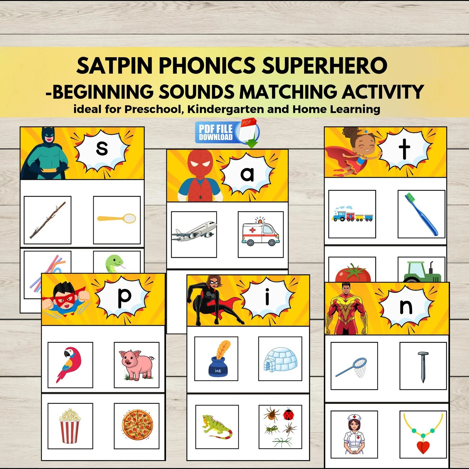 SATPIN Phonics Superhero Activity Boards | Beginning Letter Sounds Matching Mats