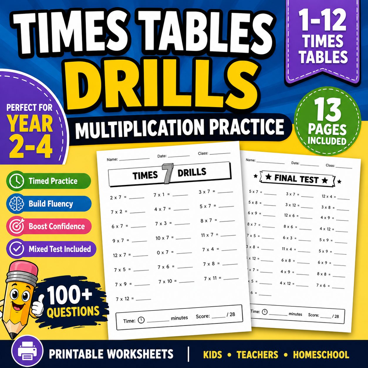 Times Tables Drills Worksheet | Multiplication Practice 1-12