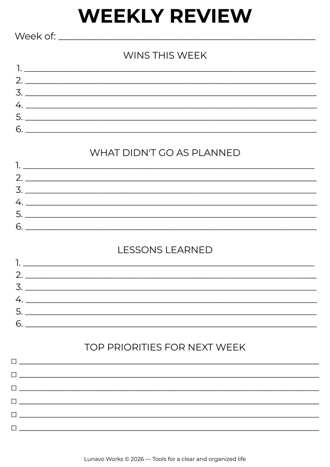Weekly Review Worksheet | Printable Reflection Planner